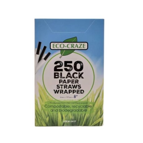 8" Black Paper Milkshake Straw Indiviudally Wrapped - 6mm - 250 Pack