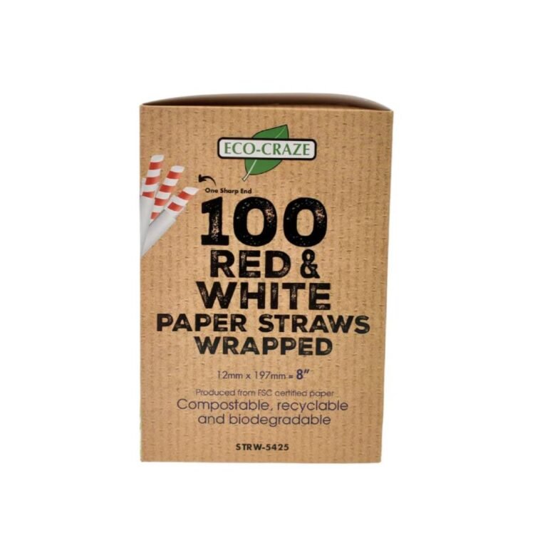 8″ Red & White Paper Bubbletea Straw Indiviudally Wrapped – Sharp End 12mm – 2