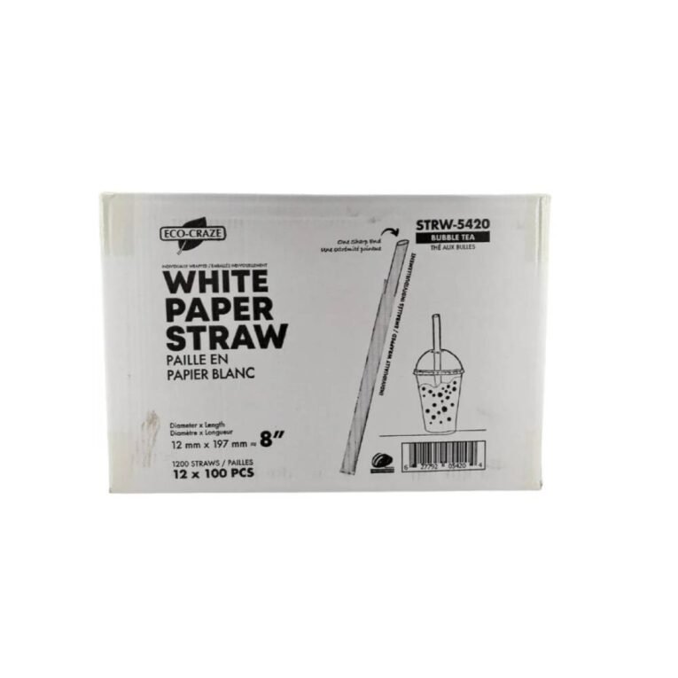 8″ White Paper Bubbletea Straw Indiviudally Wrapped – Sharp End 12mm – 2