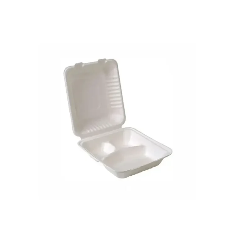Bagasse 803 – 8 x 8 x 3 Clamshell Food Container – Three Comp – 25 Pack 1