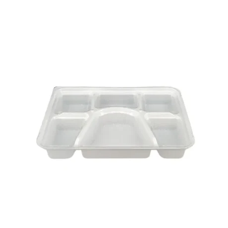 White Plastic 6-Compartment Thali Serving Tray - 50 Pack